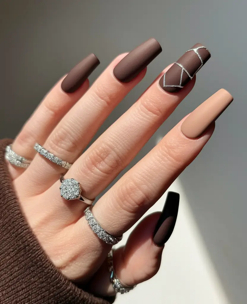 brown fall nails 2025 Matte Geometry in Chocolate Tones