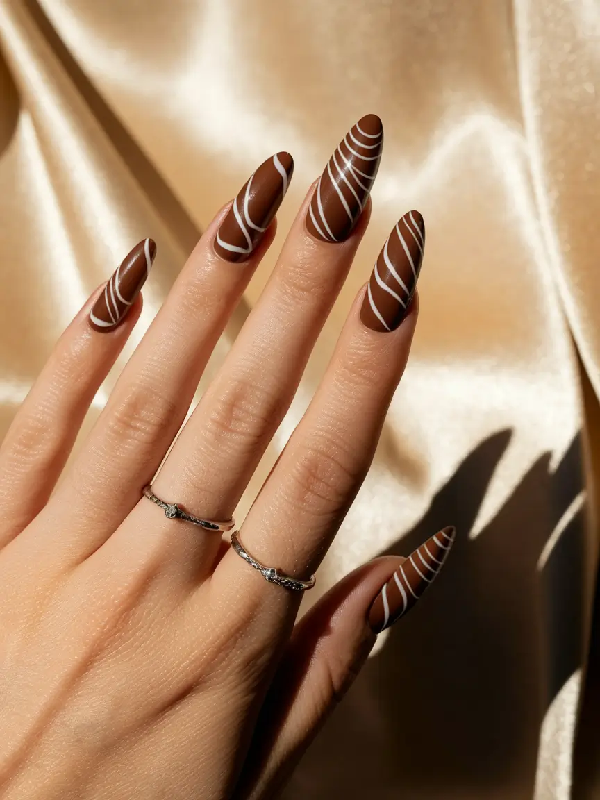 brown fall nails 2025 Striped Almond Elegance