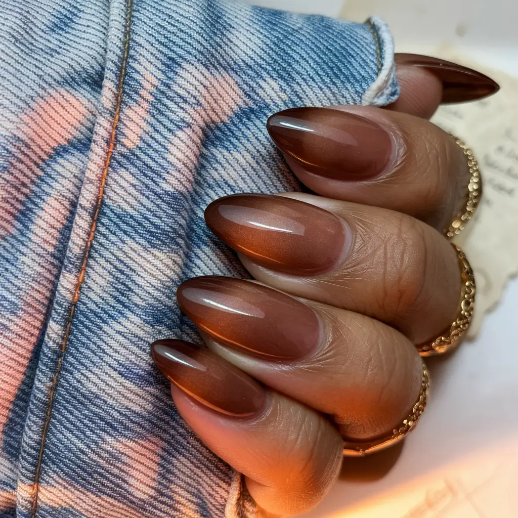 brown fall nails 2025 Glossy Caramel Ombre Almonds