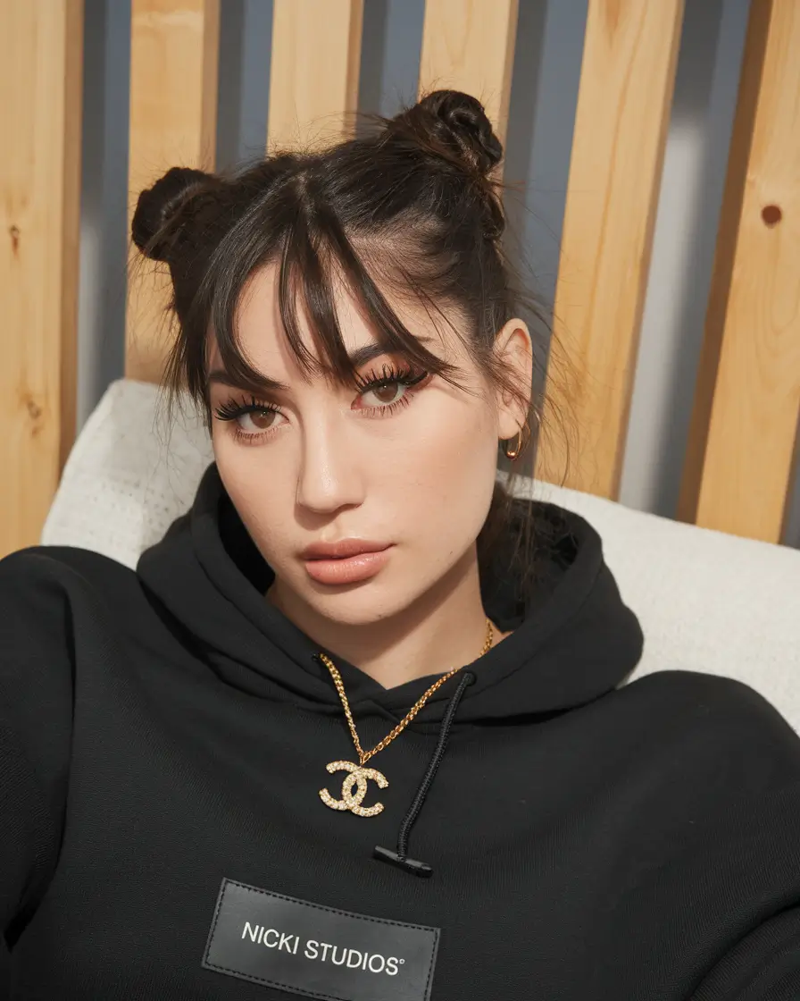 cute fall hair colors for brunettes long Playful Space Buns with Bangs