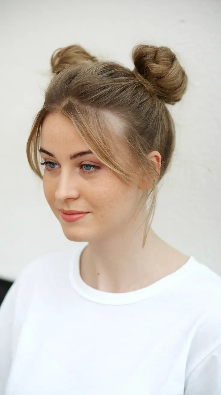 Double Bun with Face-Framing Bangs easy fall hairstyles 2025