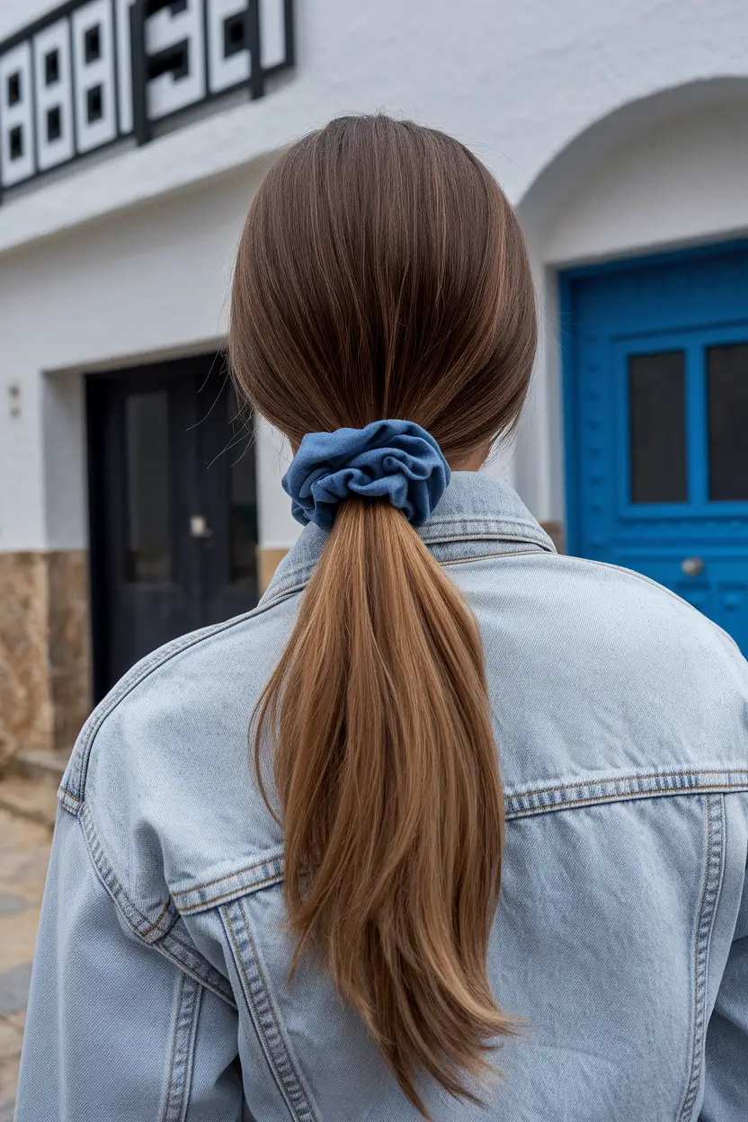 Low Ponytail with Denim Scrunchie easy fall hairstyles 2025