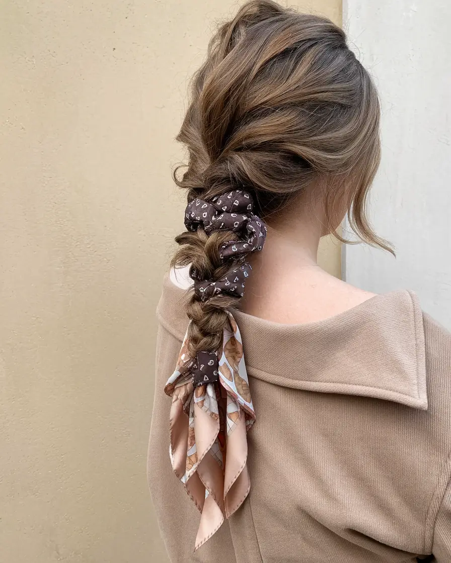Scarf-Tied Braid easy fall hairstyles braid 2025