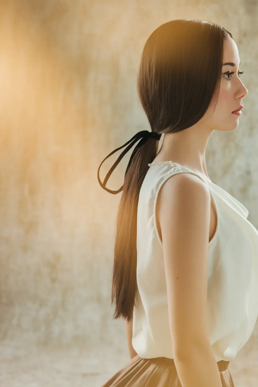 easy fall hairstyles 2025 Low Ponytail with Ribbon Tie