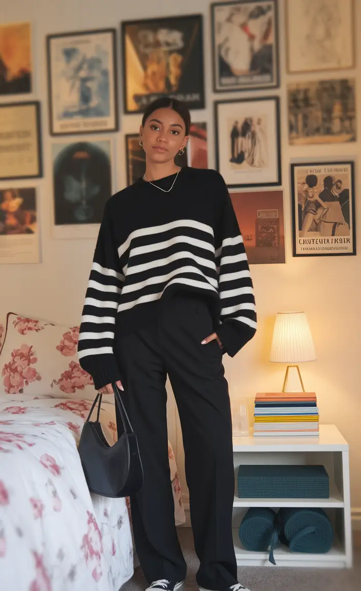 fall outfits for school aesthetic Stripes and Wide-Leg Street Classic