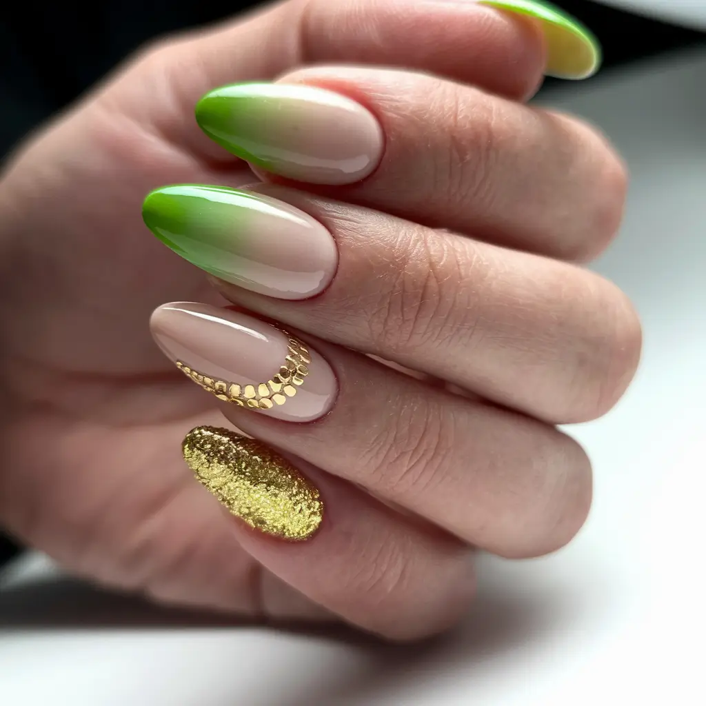 early fall nails 2025 Green Gradient with Golden Accent