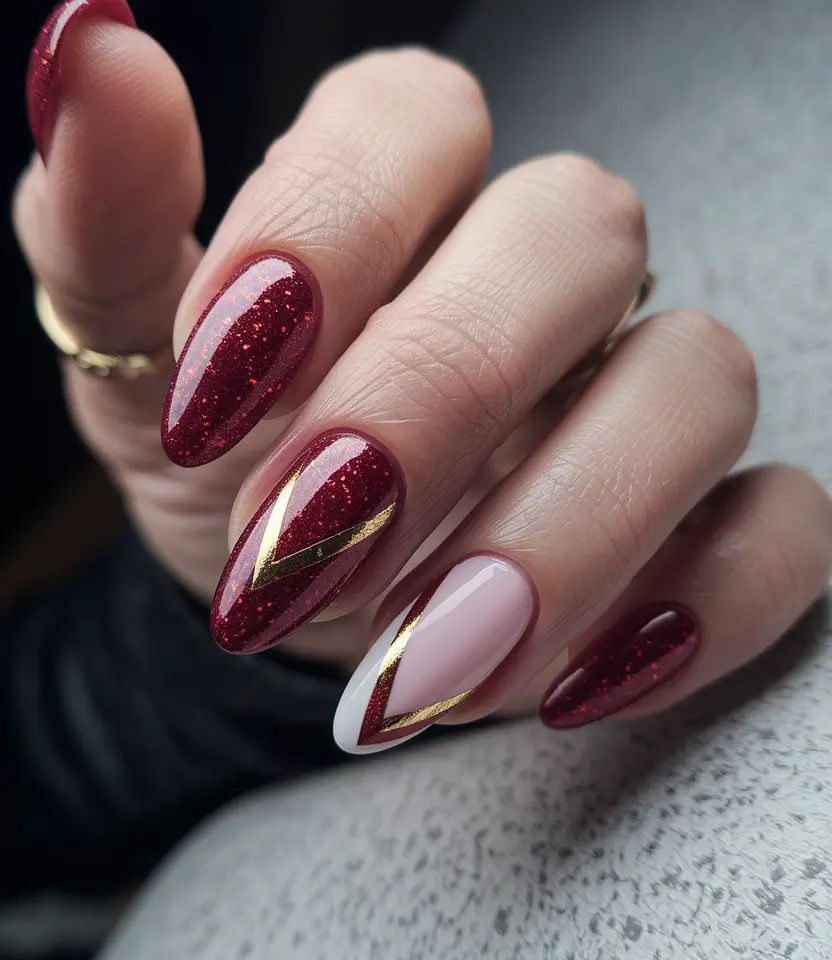 early fall nails 2025 Crimson Sparkle with Gold Stripes