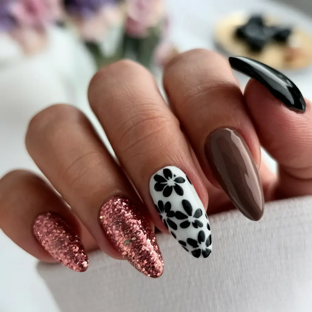 early fall nails 2025 Mixed Textures with Floral Contrast