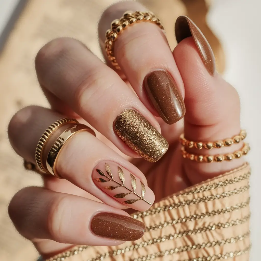 early fall nails 2025 Golden Browns with Leaf Motif