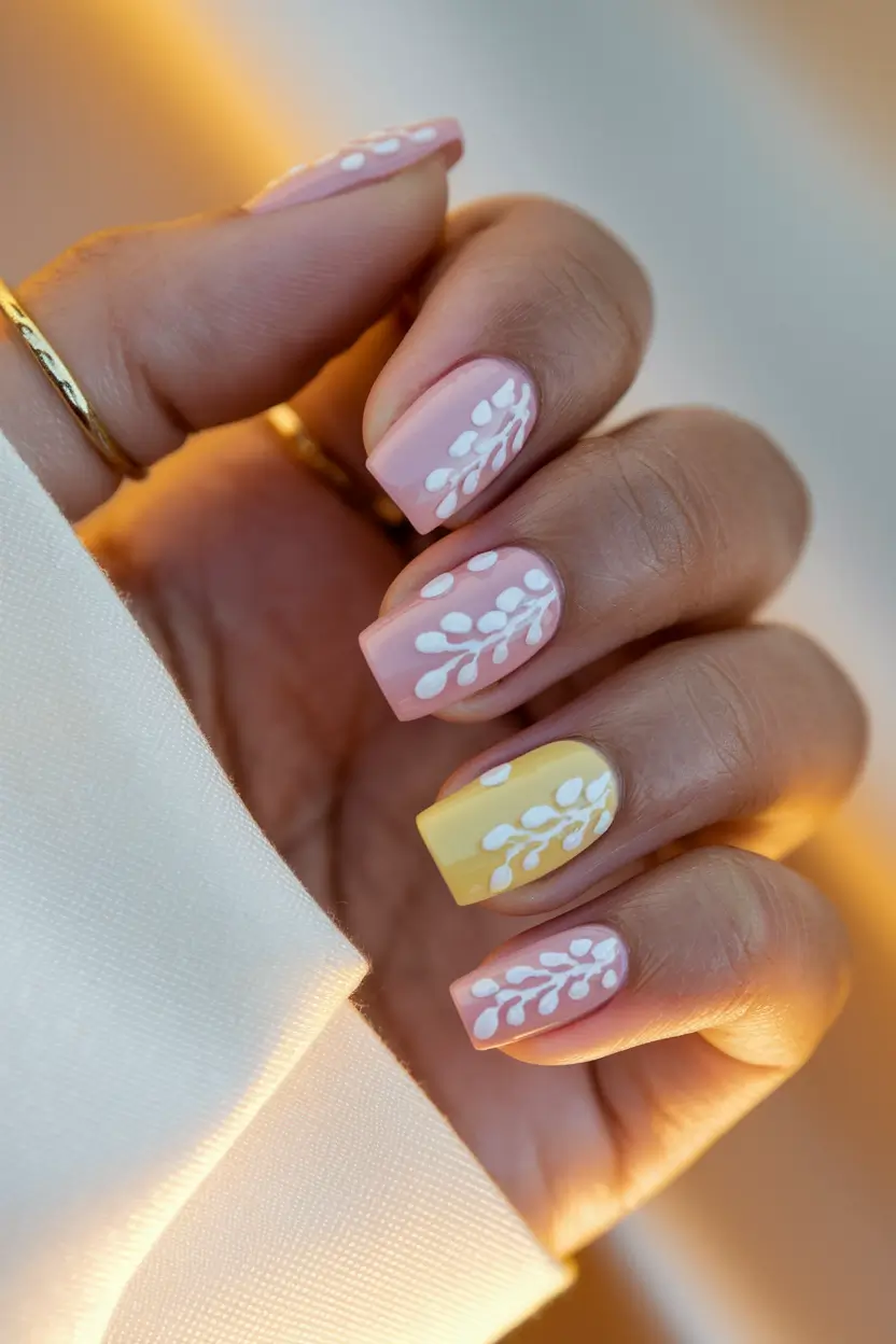 early fall nails 2025 Soft Pastels with White Botanicals