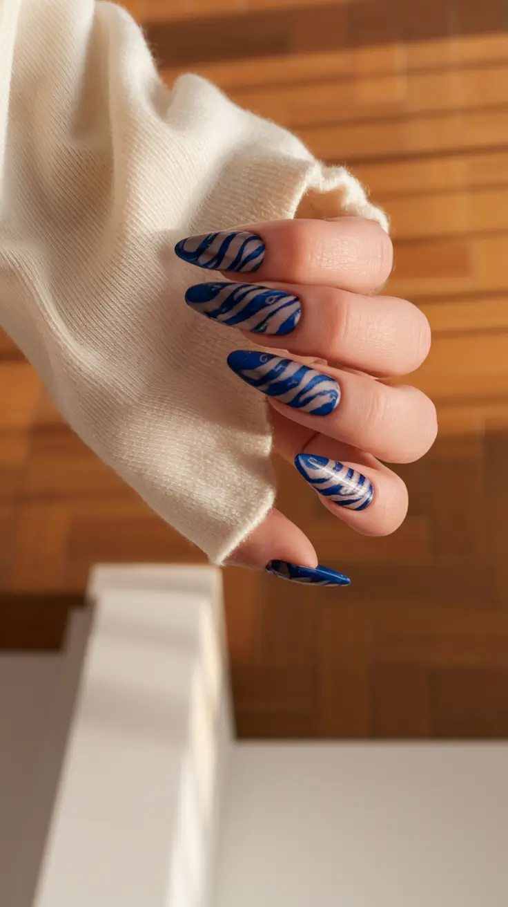 early fall nails 2025 Deep Blue with Swirled Patterns