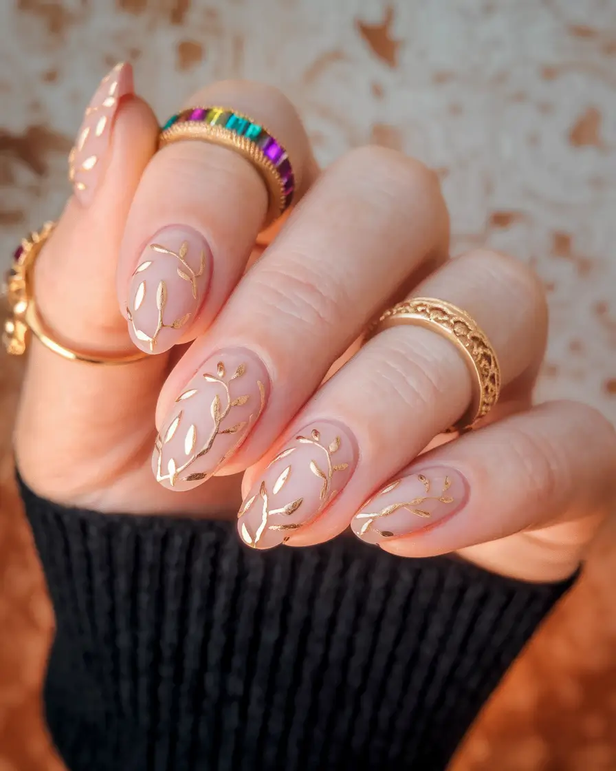 early fall nails 2025 Golden Branches on Nude Base