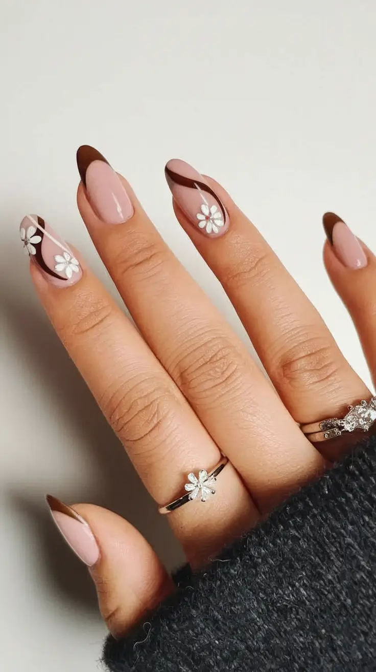 early fall nails 2025 Chocolate French with Floral Details