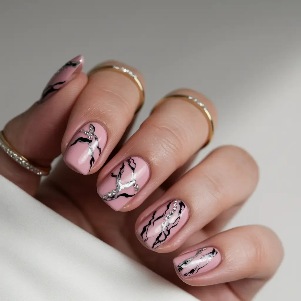 early fall nails 2025 Marble Chic with Metallic Veins