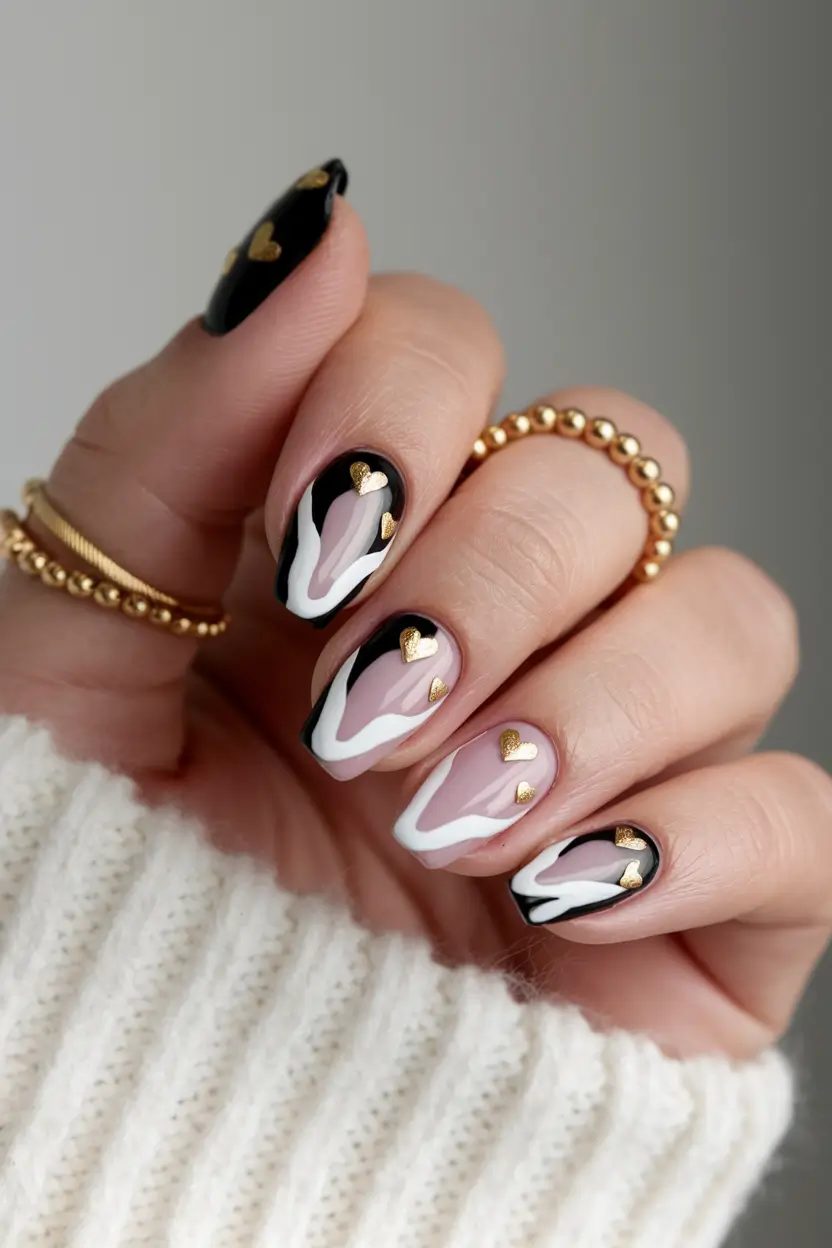 early fall nails 2025 Black and White Waves with Golden Hearts