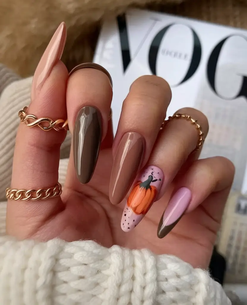 early fall nails 2025 Elegant Pumpkin Accent with Almond Nails