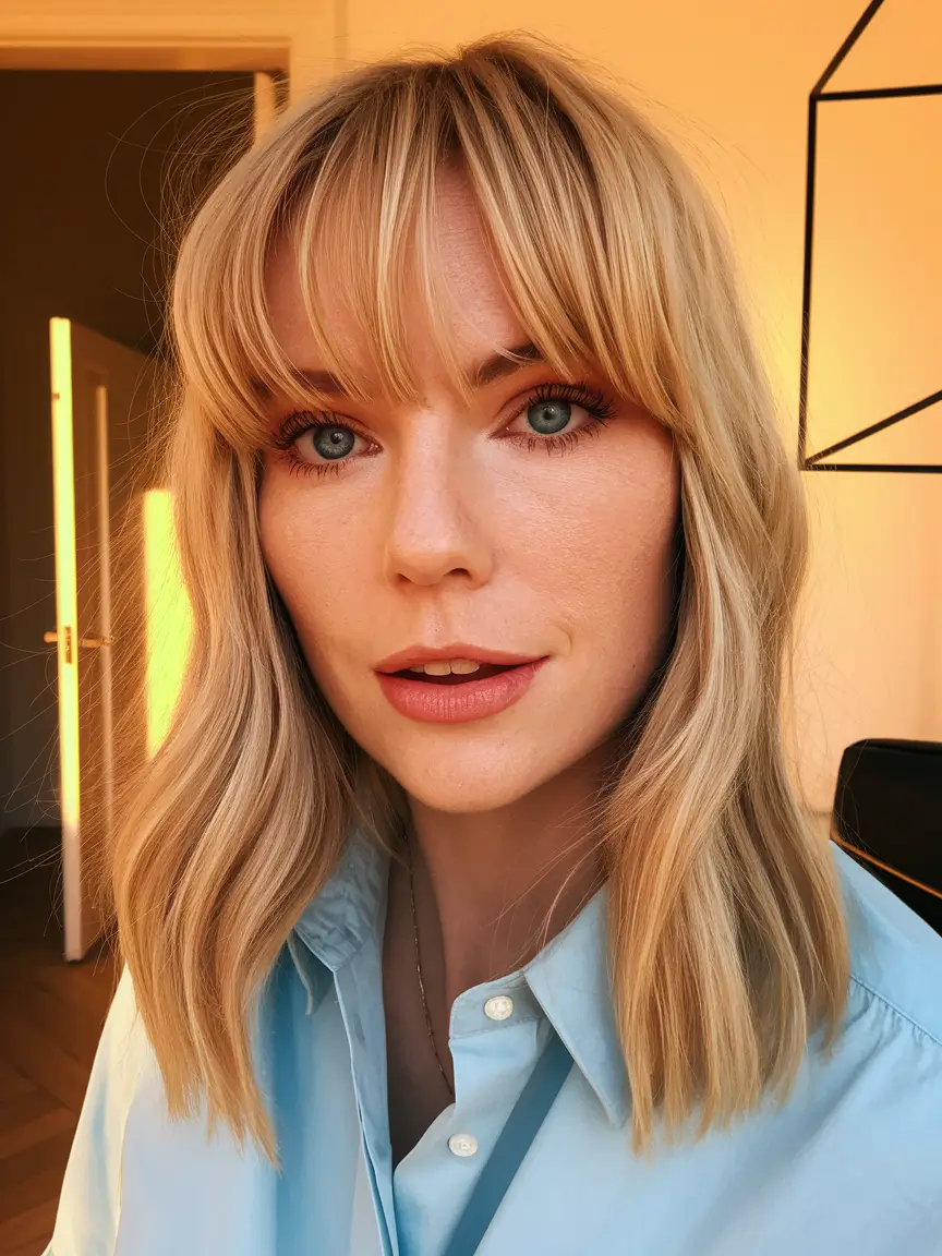 fall hairstyles medium length Golden Bronde with Fringe