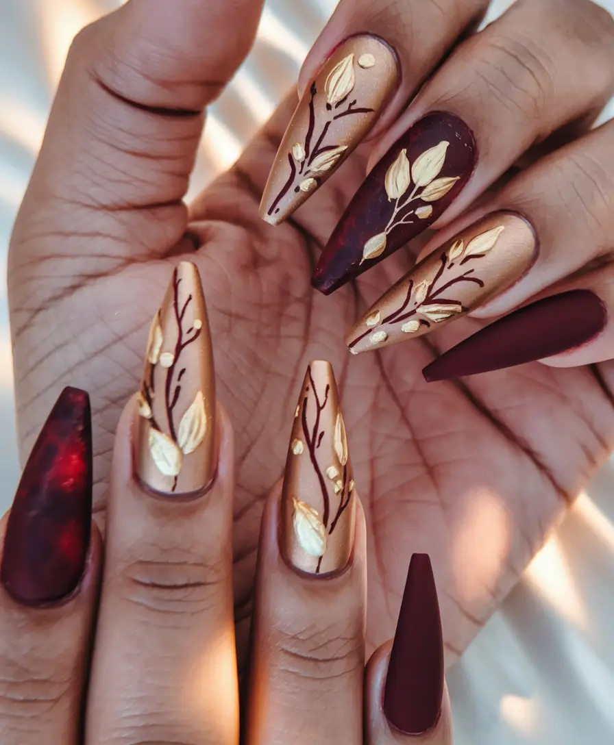 fall 3d nail art Golden Branches