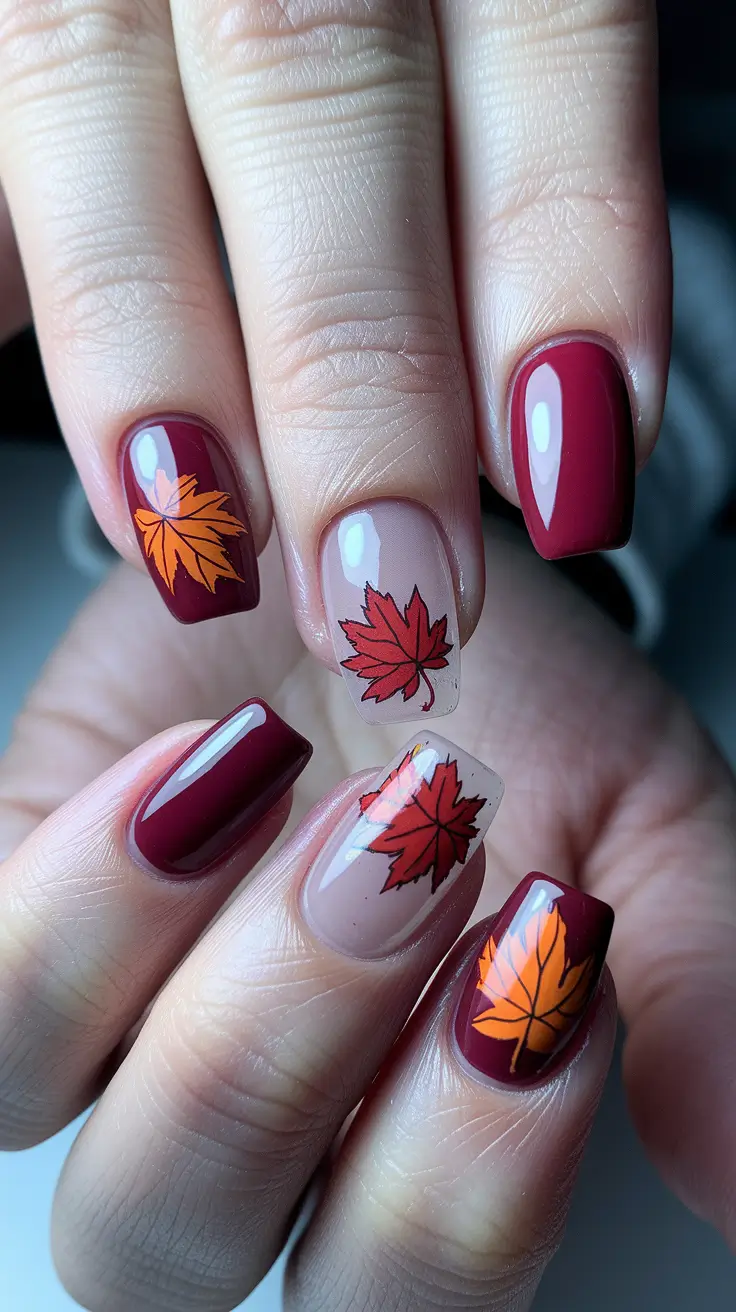 fall 3d nail art Classic Burgundy & Leaves