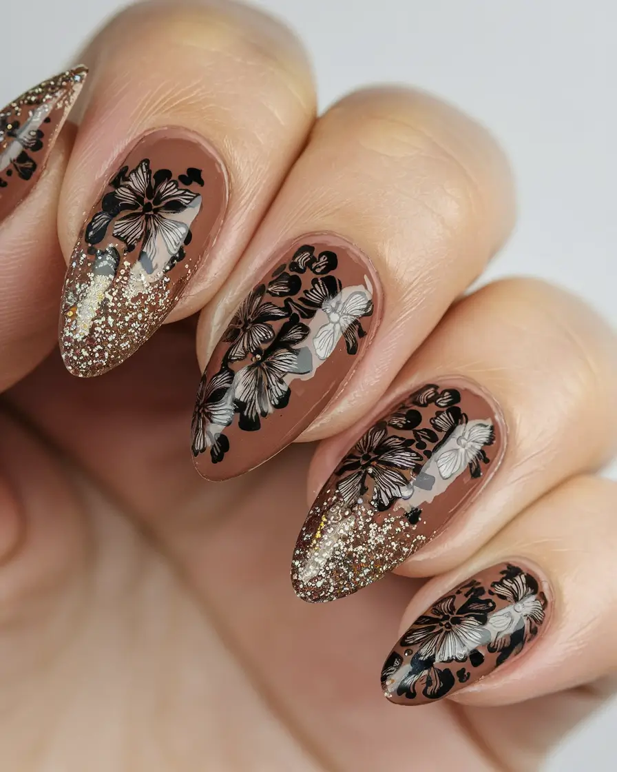 fall 3d nail art Glitter & Floral Luxe