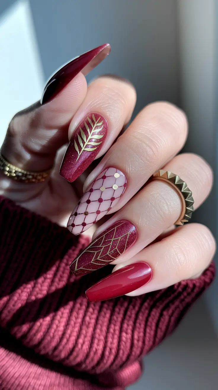 fall 3d nail art Burgundy Elegance with Gold