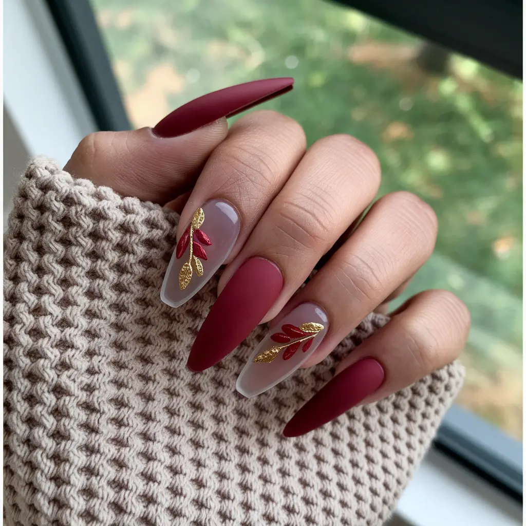 fall 3d nail art Wine Red Elegance with Gold