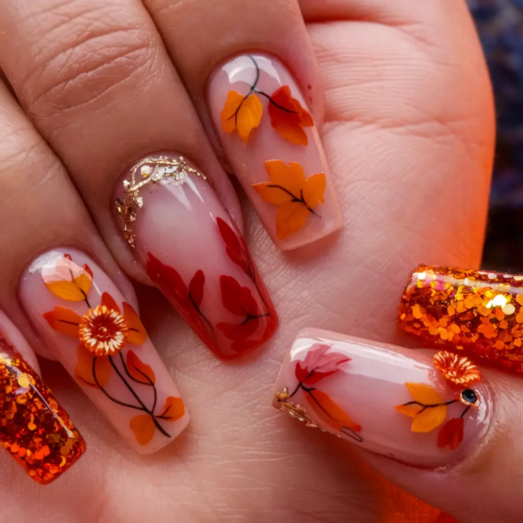 fall 3d nail art Falling Leaves Elegance