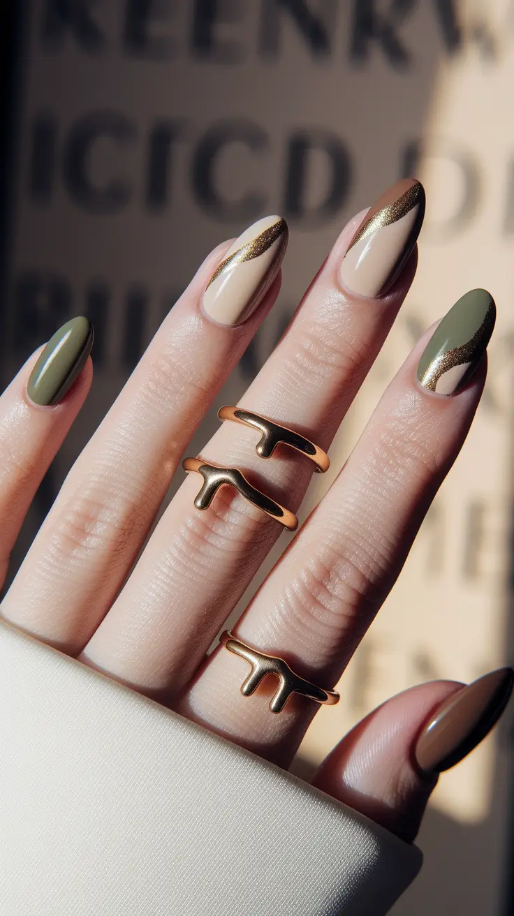fall acrylic nails: short and long ideas 2025 – Olive & Beige Side-French with Chrome Veil