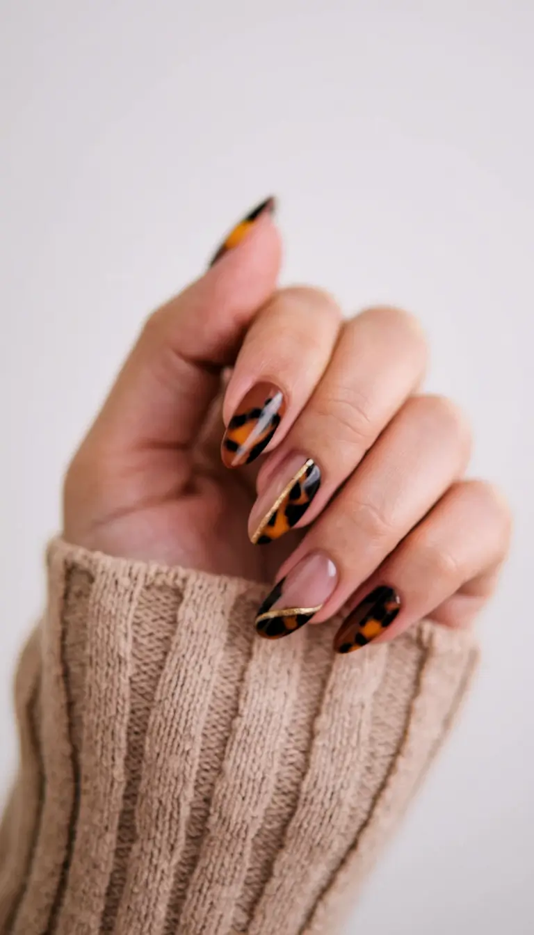 fall acrylic nails: short and long ideas 2025 – Tortoiseshell Side-French Almond