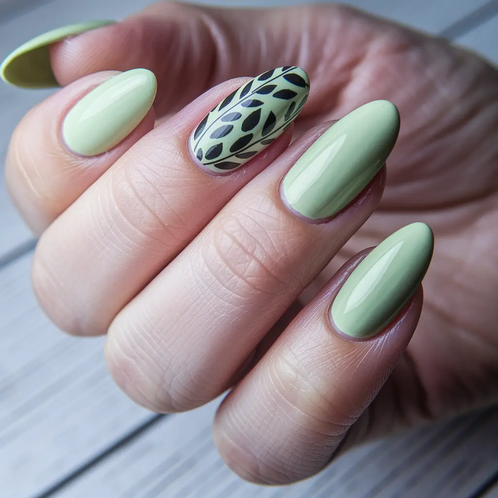 fall acrylic nails: short and long ideas 2025 – Sage Almond with Leaf Accent