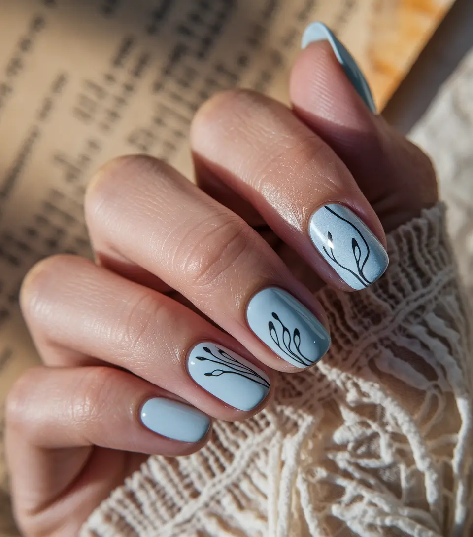 fall acrylic nails: short and long ideas 2025 – Powder-Blue Short Squares with Ink Lines