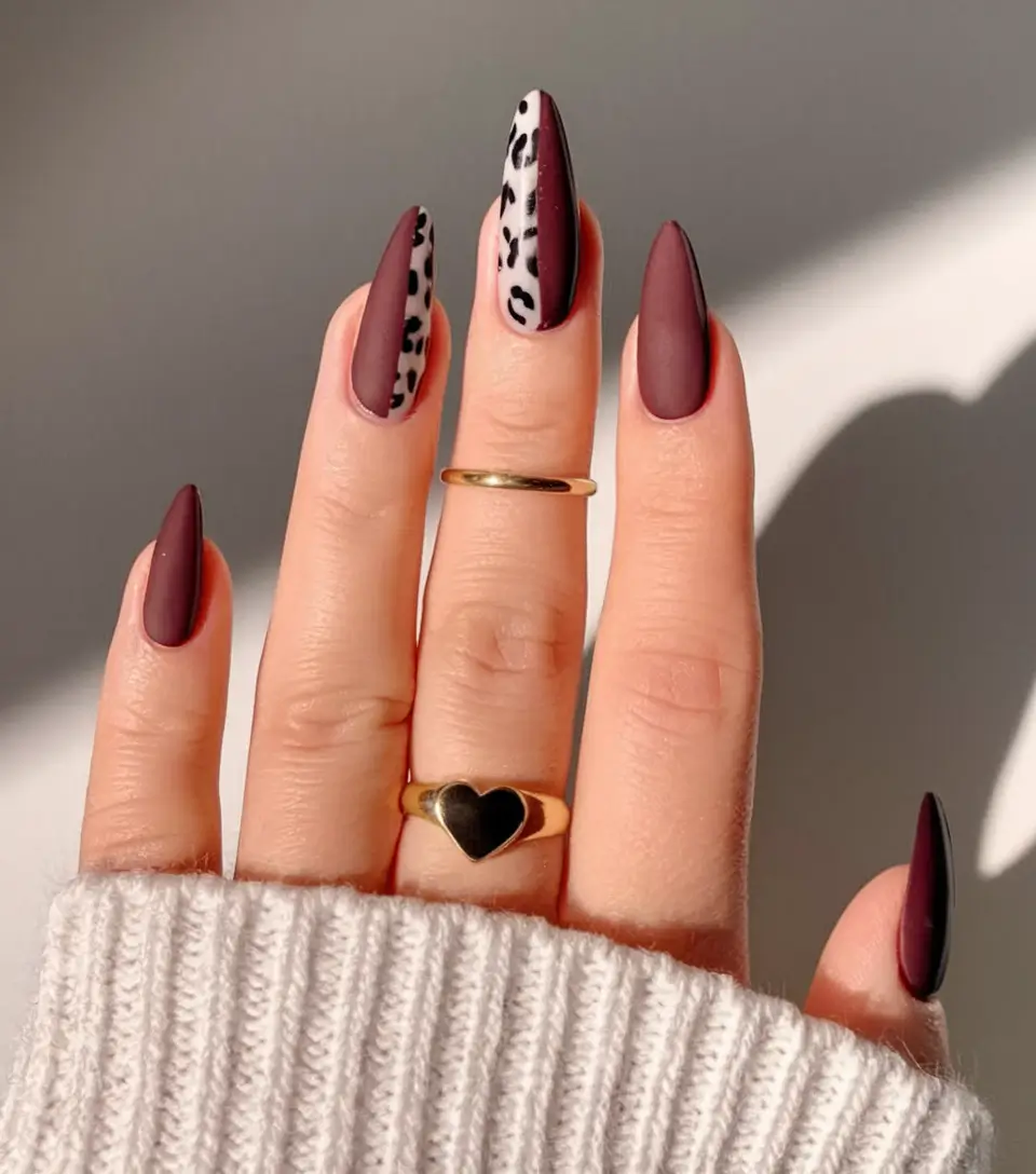 fall acrylic nails: short and long ideas 2025 – Matte Merlot Stilleto with Snow-Leopard Accent