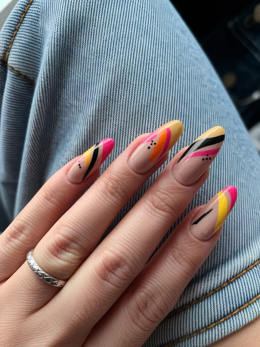 fall acrylic nails: short and long ideas 2025 – Cider-Stripe Almond on Sheer Nude