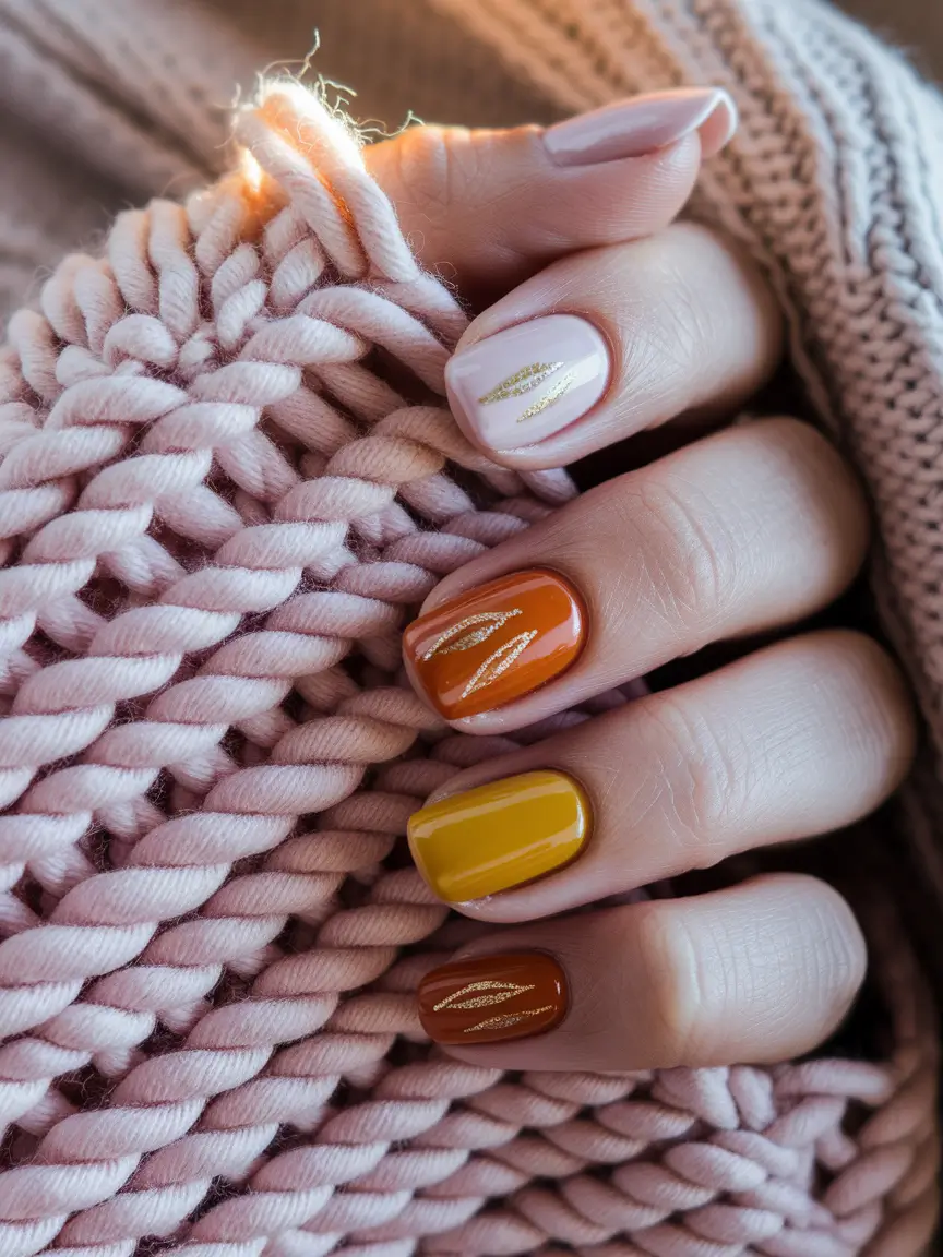 fall acrylic nails: short and long ideas 2025 – Short Square Harvest Palette with Gold Threads