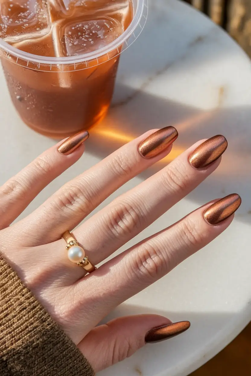 fall acrylic nails: short and long ideas 2025 – Molten Copper Almond Chrome