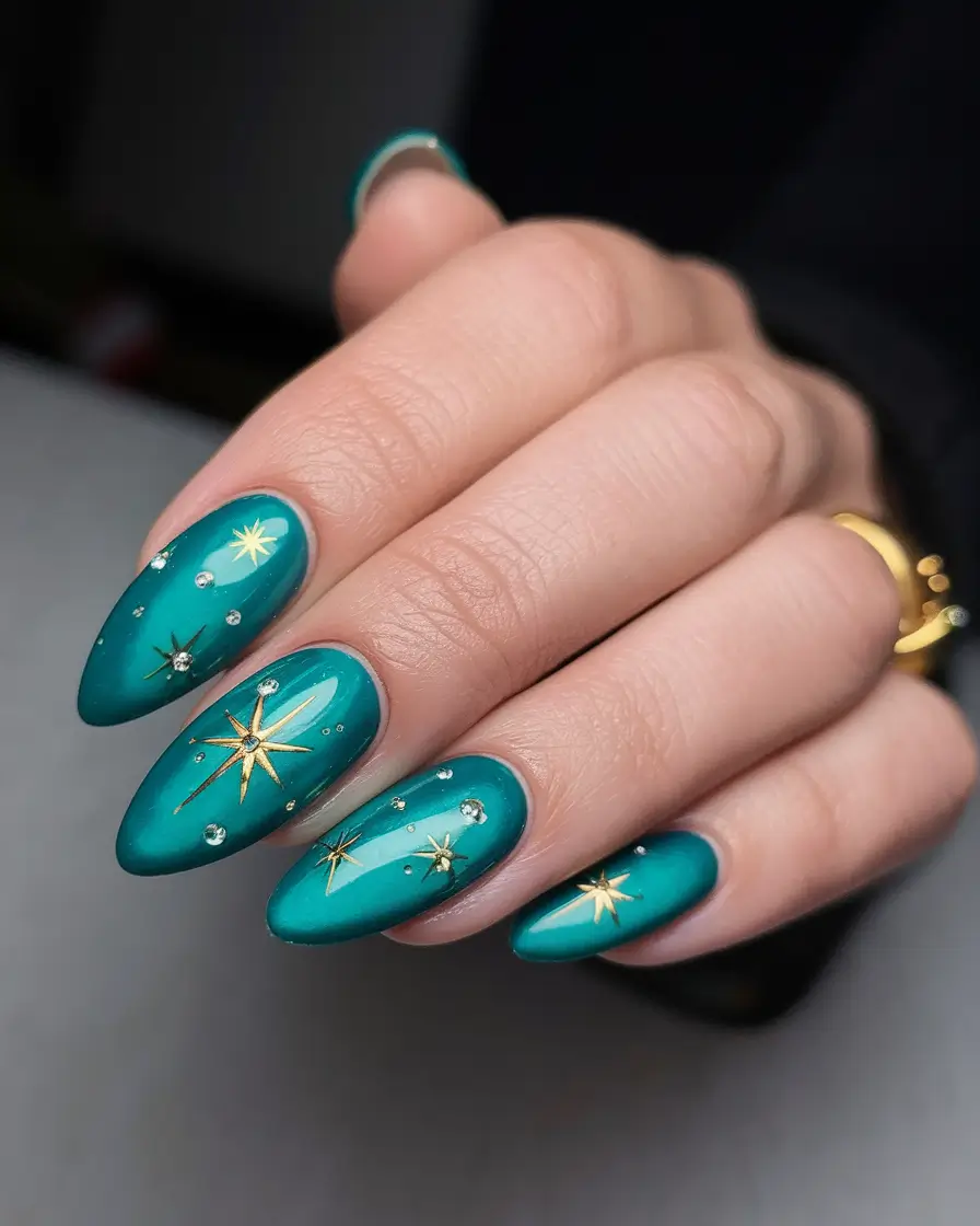 fall acrylic nails: short and long ideas 2025 – Northern-Lights Teal with Starbursts