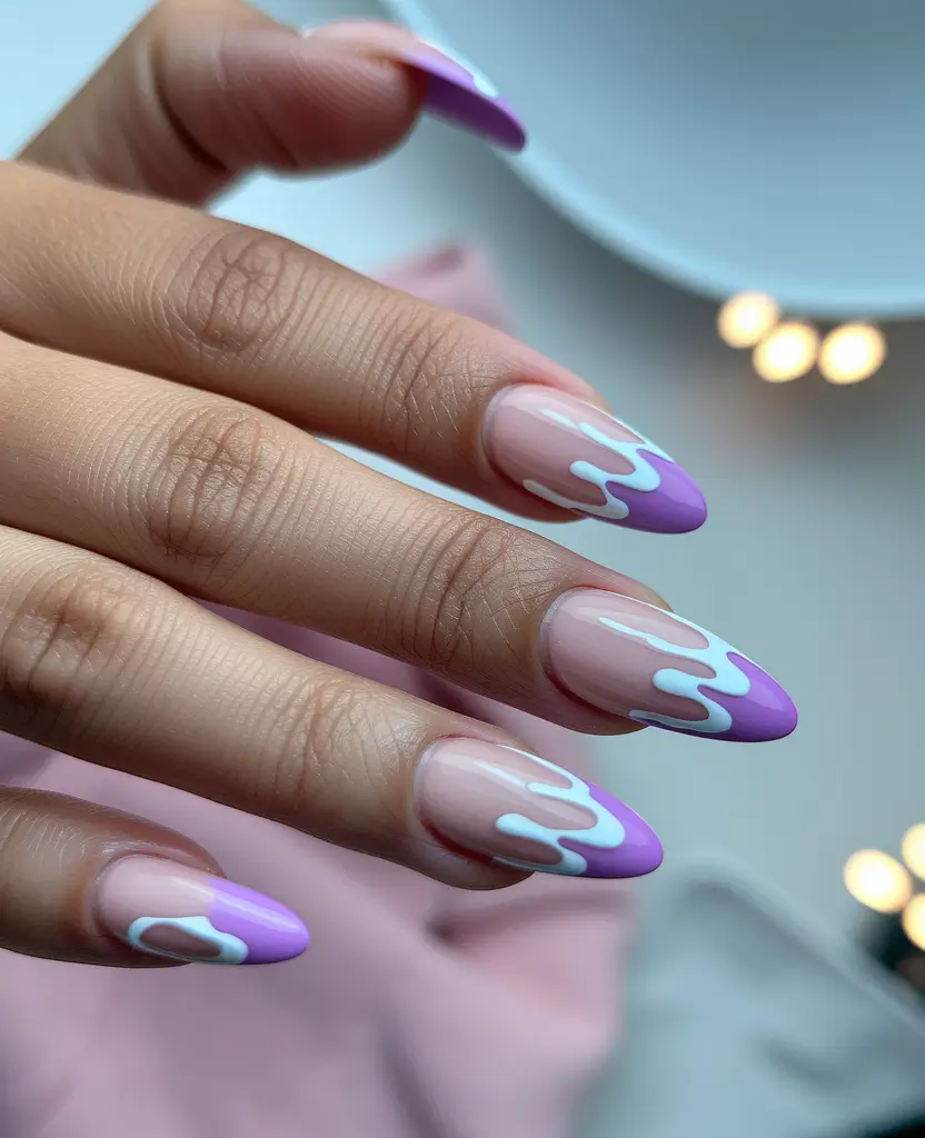 fall almond nails 2025 Lavender Drip Art