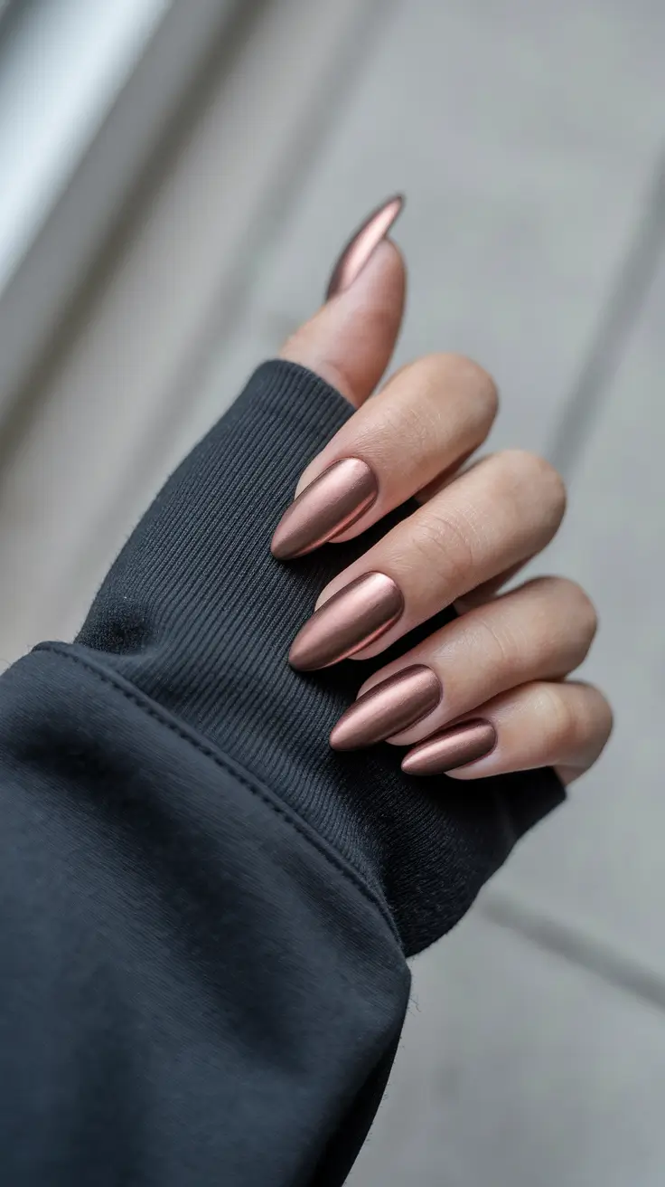 fall almond nails 2025 Bronzed Satin