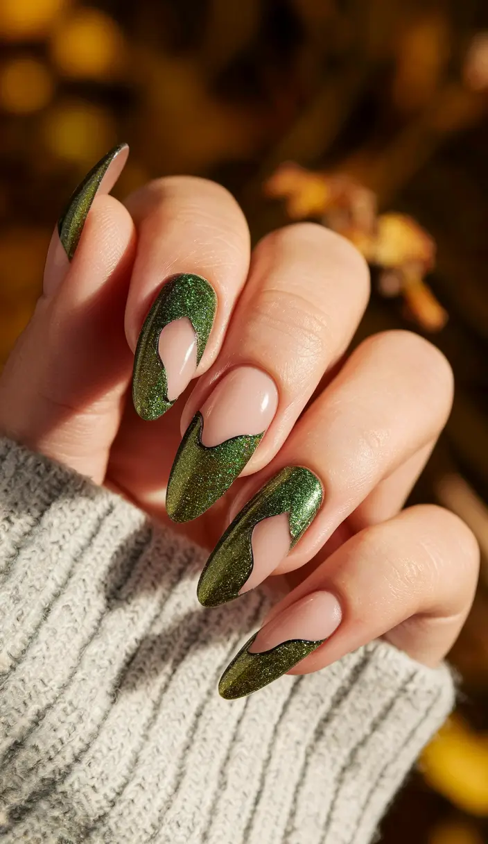 fall almond nails 2025 Forest Metallic Cut-Out