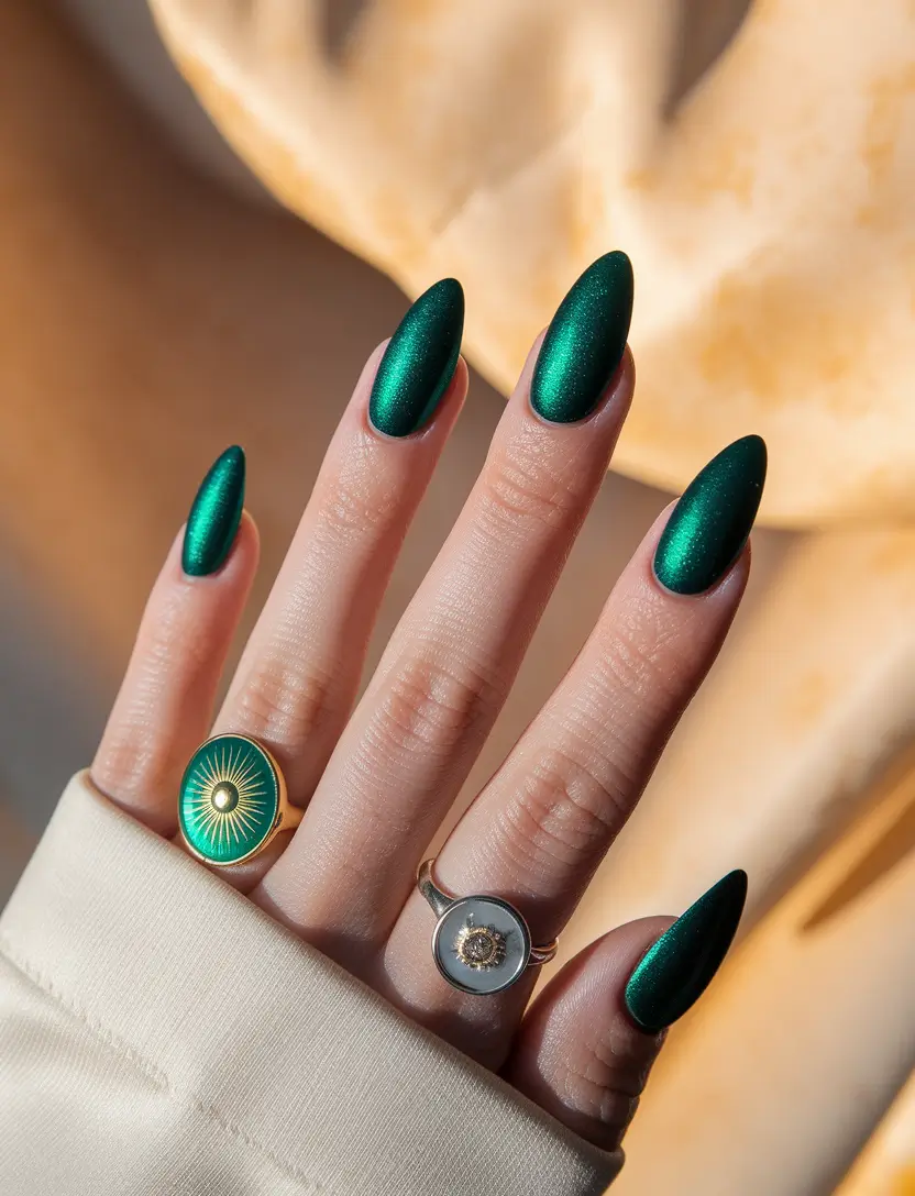 fall almond nails 2025 Emerald Velvet Allure