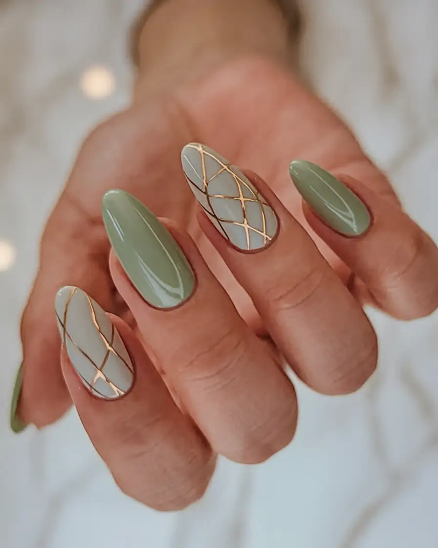 fall almond nails 2025 Golden Lattice Sage