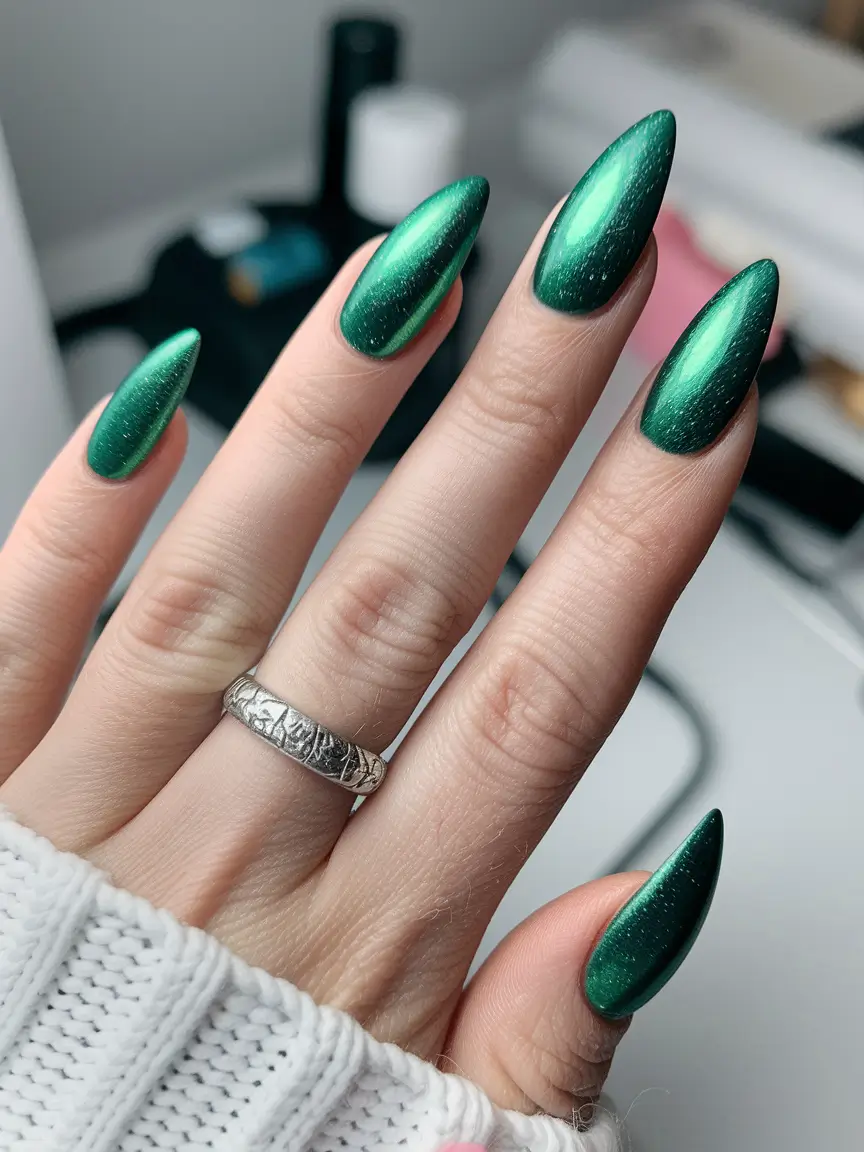fall almond nails 2025 Emerald Velvet Shine