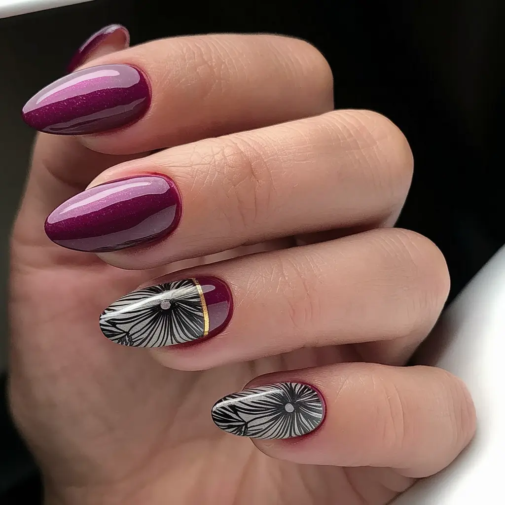 fall almond nails 2025 Plum Elegance with Graphic Detail