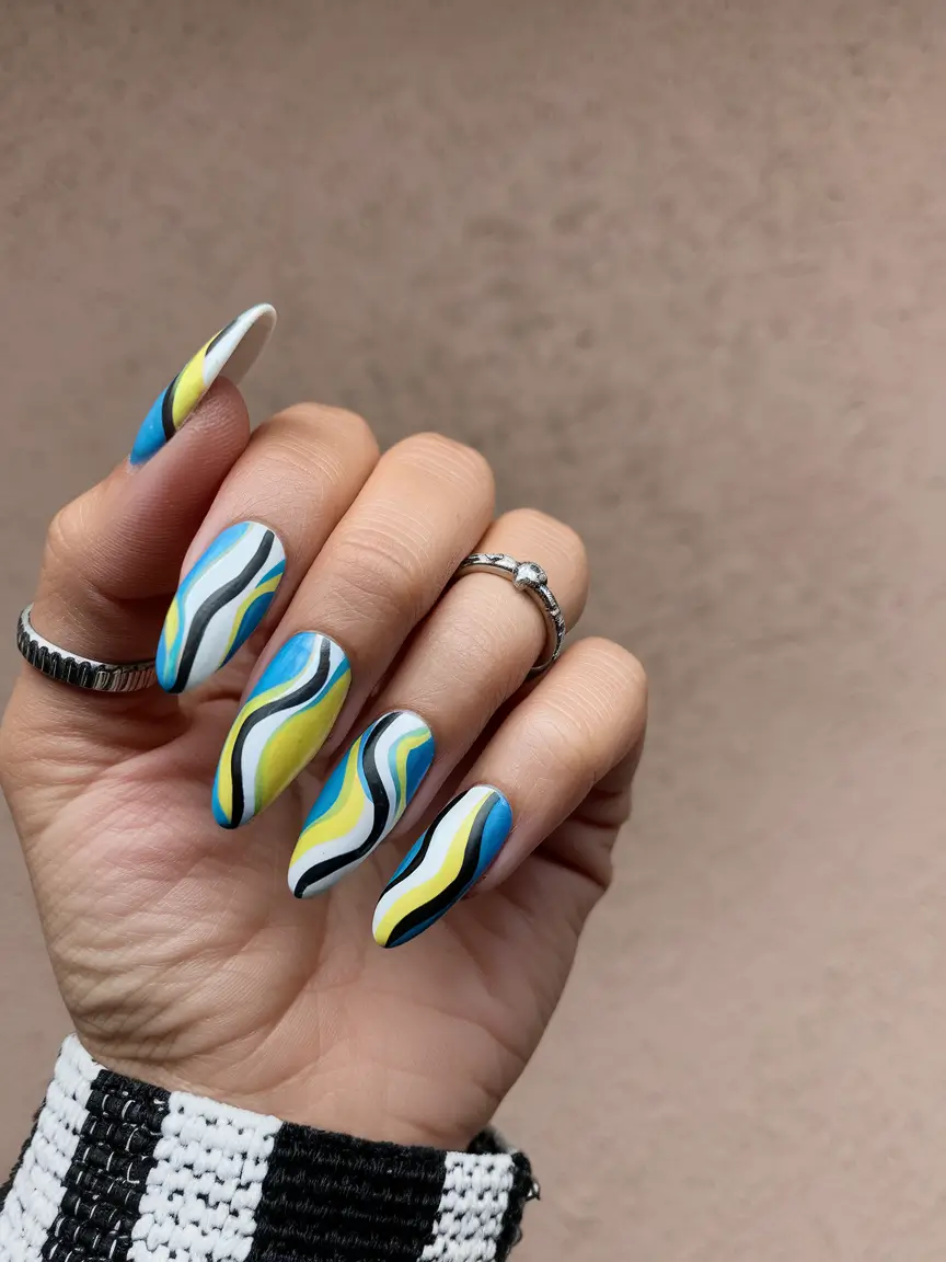 fall almond nails 2025 Retro Wave Color Play