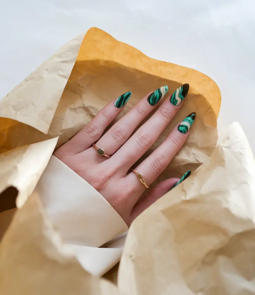 fall almond nails 2025 Malachite Marble