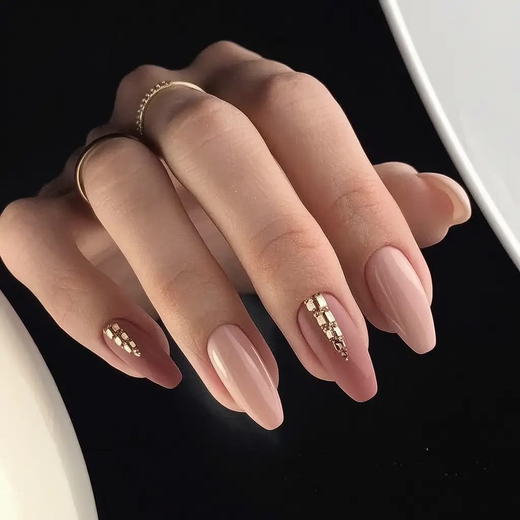 fall ballerina nails 2025 Rose Beige with Gold Grid Accents