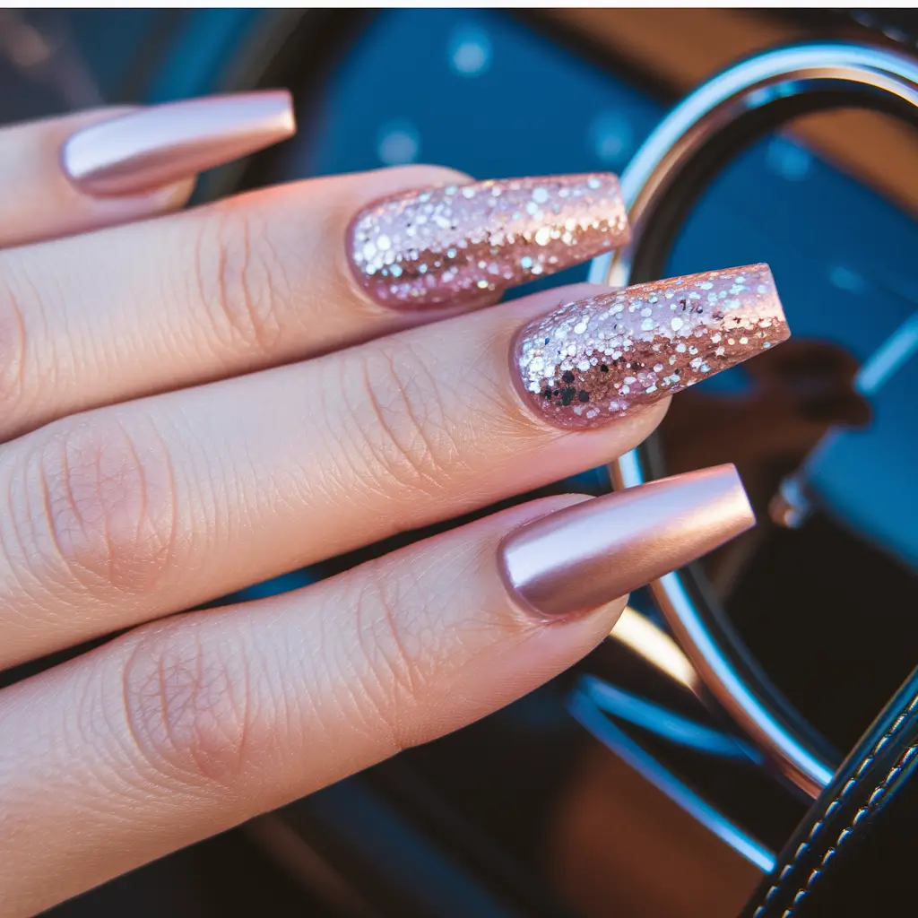 fall ballerina nails 2025 Rose Gold Glitter Luxe