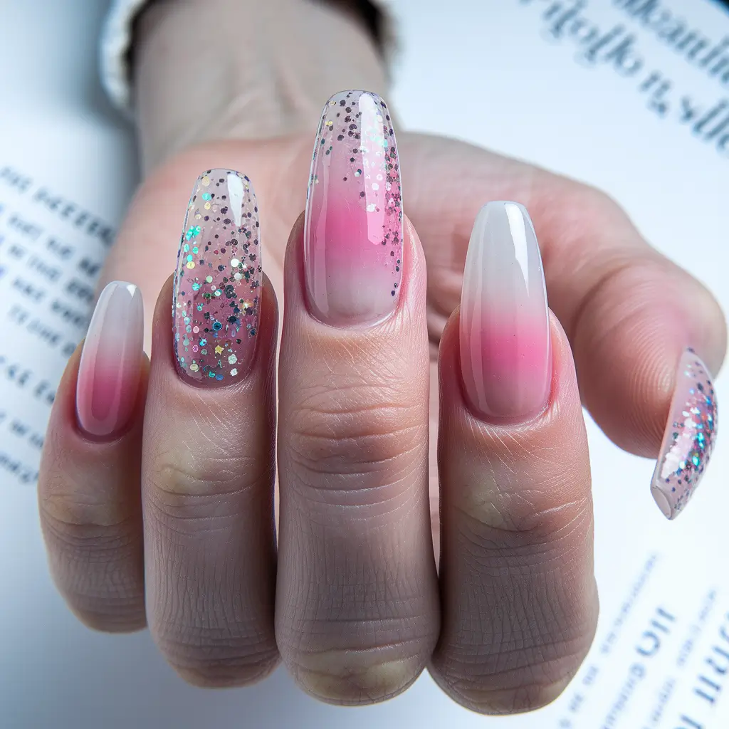 fall ballerina nails 2025 Pink Ombre with Glitter Accents