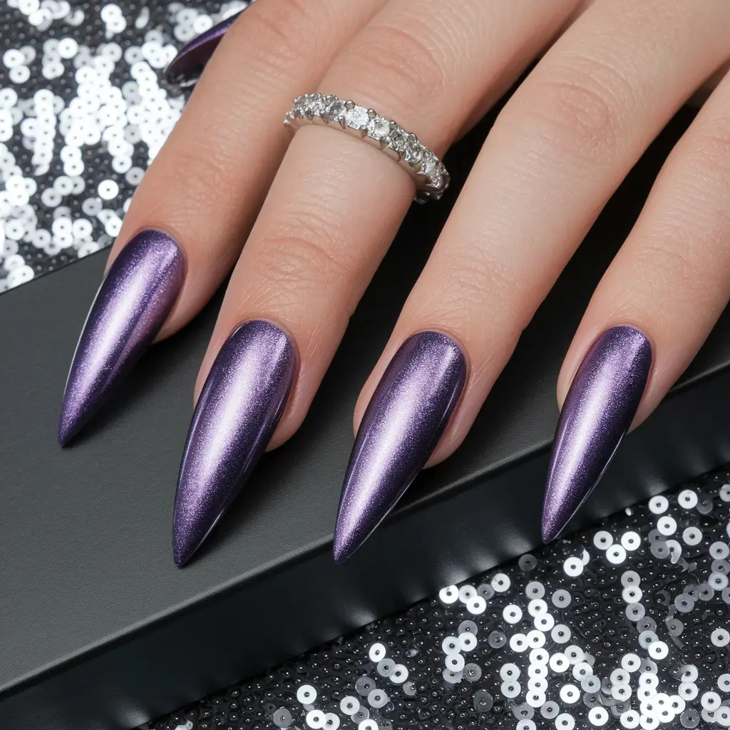 fall chrome nails 2025 Midnight Violet Metallic