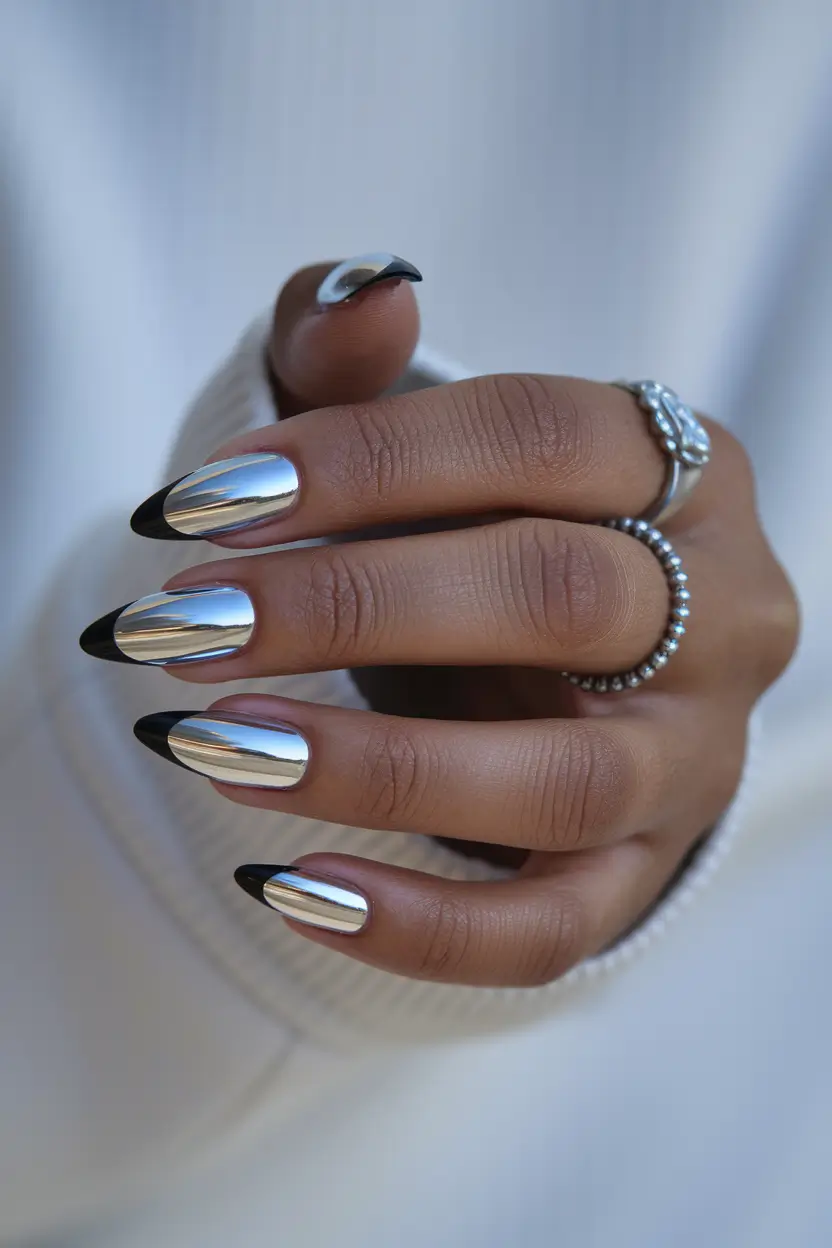 fall chrome nails 2025 Monochrome French Twist